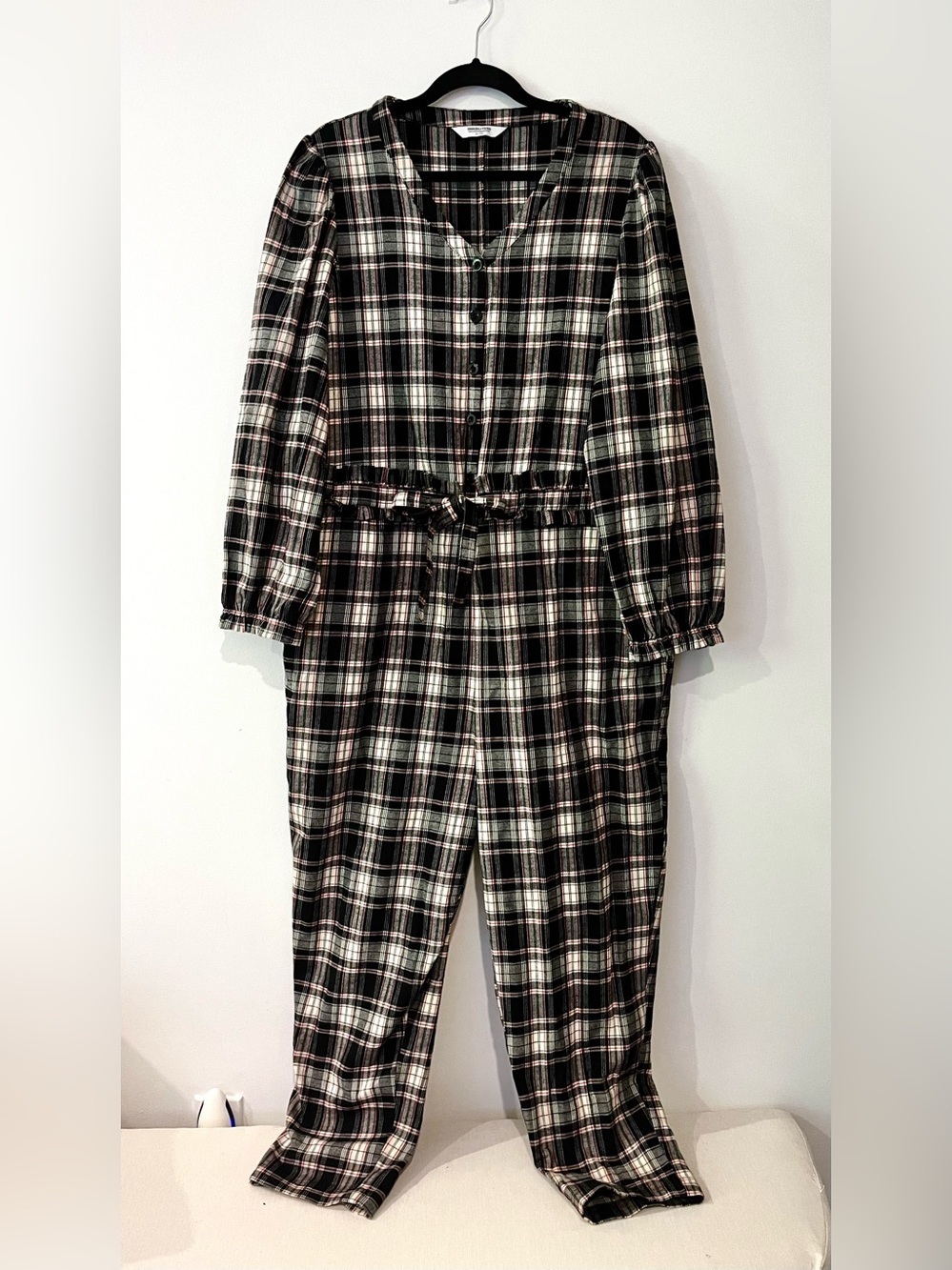 Smash + Tess Remy Henley Black White Red Plaid Ruffle Long Romper Jumpsuit XL - Picture 2 of 8